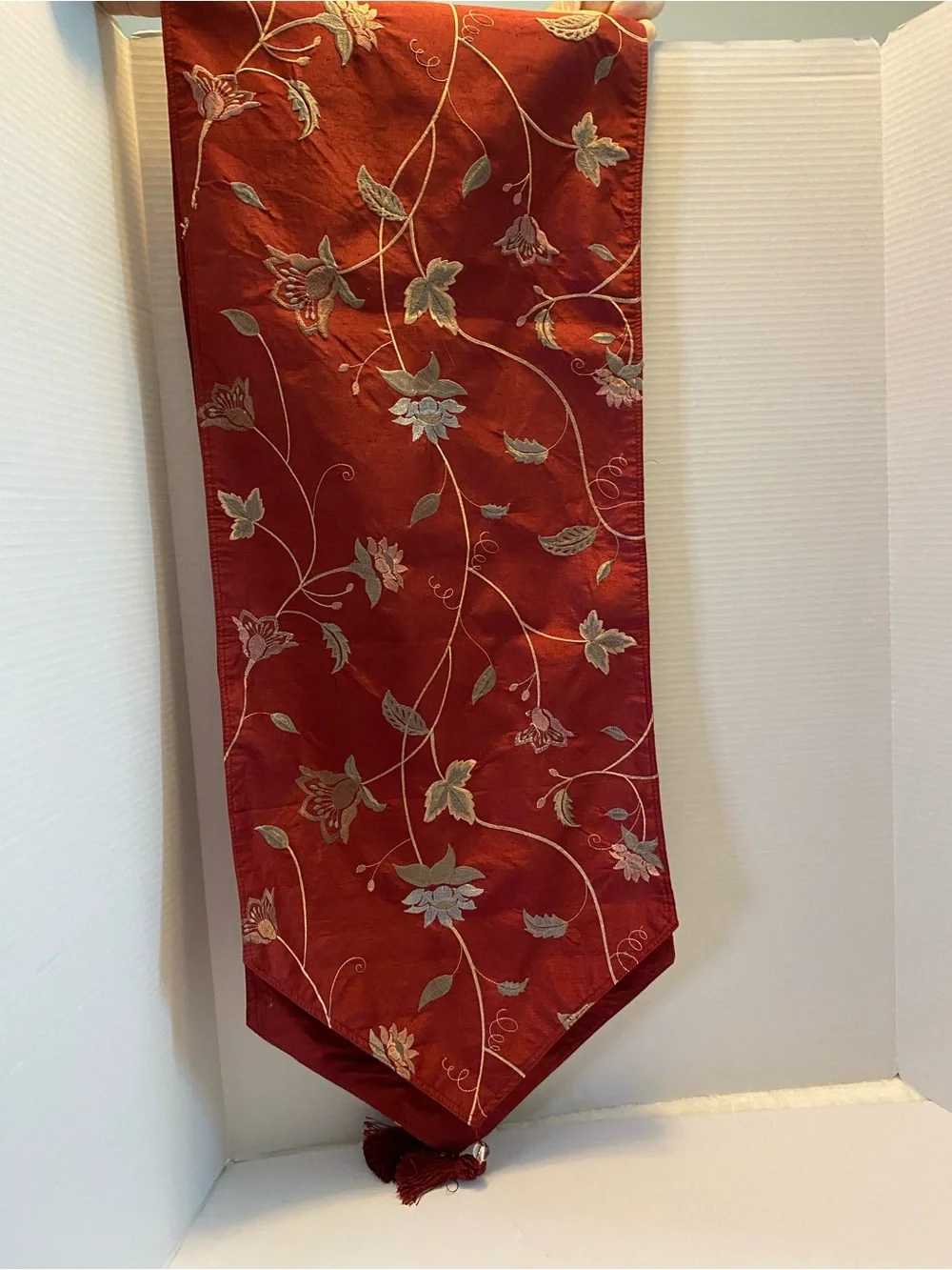 Table Runner Embroidered floral fabric multicolor on dark wine red W Tassels